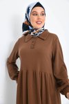 Kahverengi Düğmeli Gömlek Yaka Balon Kol Elbise