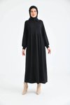 Siyah Düğmeli Gömlek Yaka Balon Kol Elbise