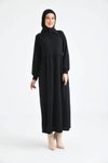 Siyah Düğmeli Gömlek Yaka Balon Kol Elbise