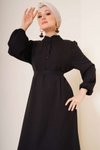Siyah Fırfır Detaylı Yaka Düğmeli Elbise