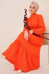 Turuncu Fırfır Detaylı Yaka Düğmeli Elbise
