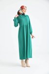 Yeşil Düğmeli Gömlek Yaka Balon Kol Elbise