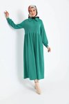 Yeşil Düğmeli Gömlek Yaka Balon Kol Elbise