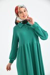 Yeşil Düğmeli Gömlek Yaka Balon Kol Elbise