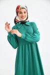 Yeşil Düğmeli Gömlek Yaka Balon Kol Elbise