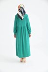 Yeşil Düğmeli Gömlek Yaka Balon Kol Elbise