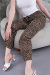 Kahverengi Bol Paça Dijital Baskı Leopar Desenli Viskon Kumaş Pantolon