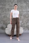 Kahverengi Bol Paça Dijital Baskı Leopar Desenli Viskon Kumaş Pantolon