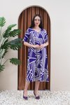 Mavi Yarım Kol Simetrik Desen Yazlık Plaj Ev Tatil Midi Elbise