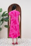 Pembe Kısa Kol Desenli Viskon Yazlık Tiril Plaj Ev Tatil Midi Elbise