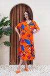 Turuncu Yarım Kol Çiçek Desen Yazlık Plaj Ev Tatil Midi Elbise