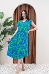 Yeşil Yazlık Kısa Kol Etnik Desen Viskon Tiril Plaj Ev Tatil Midi Elbise