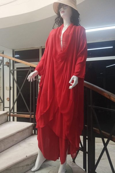 Red Italian Silk Detailed Oversize Cape Blouse Asymmetric Pants Set