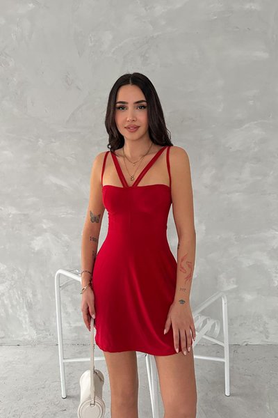 Kırmızı Askılı Eteği Sandy Kumaş Mini Kloş Elbise