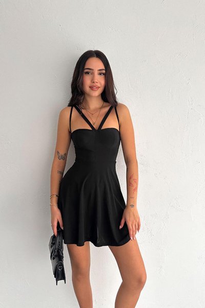 Siyah Askılı Eteği Sandy Kumaş Mini Kloş Elbise