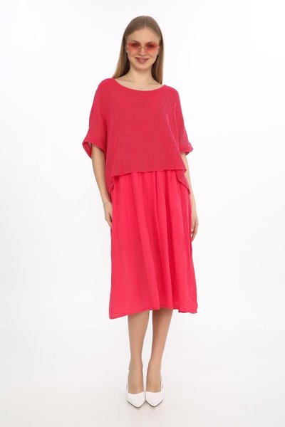 Mercan Pembe İtalyan Müslin Keteni Üstü File Bluzlu Astarlı Tek Parça Midi Elbise