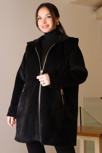 Black Hooded Zippered Coat