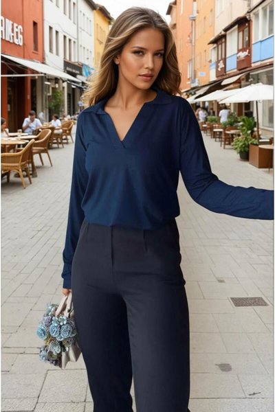 Navy Blue Polo Neck Long Sleeve Blouse