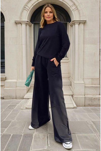 طقم بلوفر بأكمام طويلة وسروال واسع بخصر مطاطي وجيوب