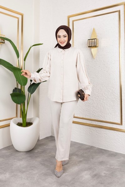 Beige Button-Front Shirt and Embroidered Sleeve Linen Set with Pants