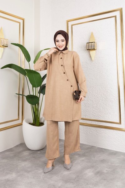 Vizon Gömlek Yaka Önü Çapraz Düğmeli Ve İç Bağlamalı Pantolonlu İkili Keten Takım