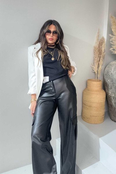 Siyah Deri Kargo Cepli Pantolon