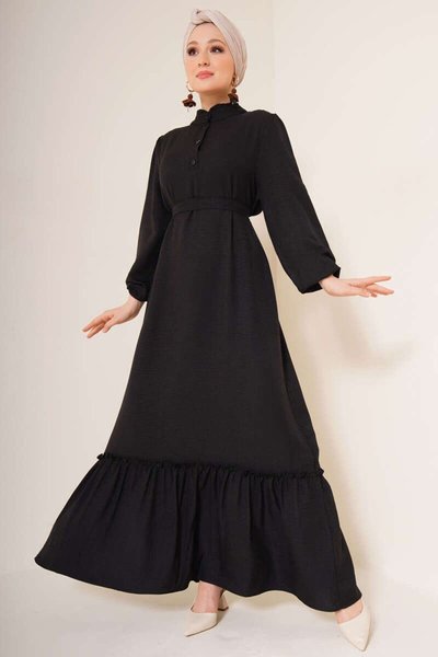 Black Ruffle Detail Button Collar Dress