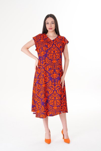 فستان ميدي برتقالي قصير الأكمام من فسكوز صيفي خفيف للشاطئ والمنزل والعطلات