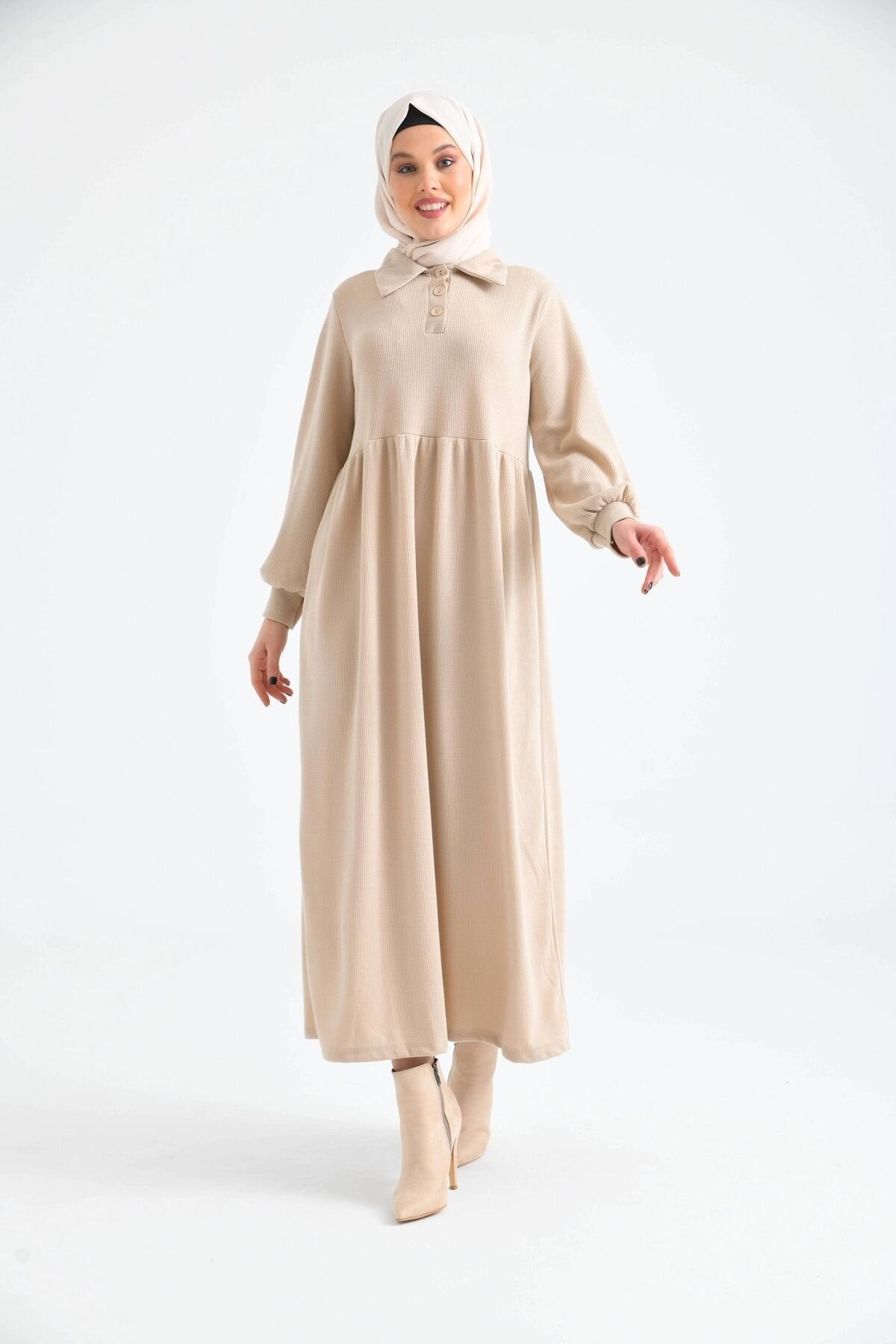 Beige Button-Up Shirt Collar Balloon Sleeve Dress - VOLT CLOTHİNG