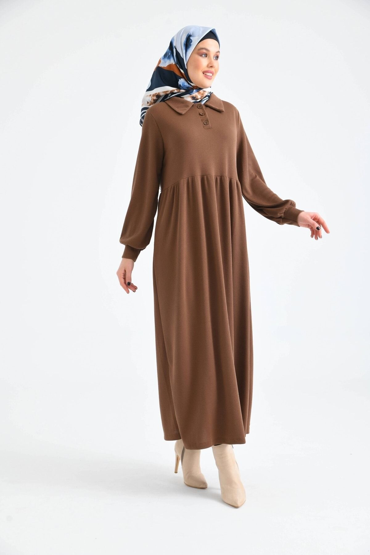 Brown Buttoned Shirt Collar Balloon Sleeve Dress - VOLT CLOTHİNG