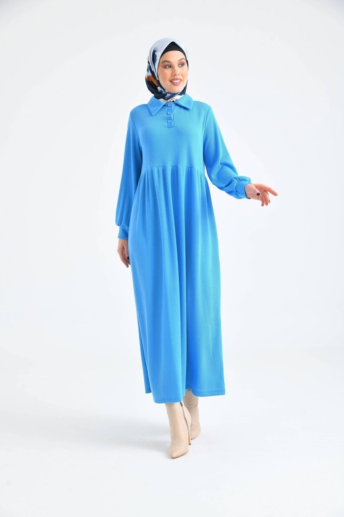 Blue Buttoned Shirt Collar Balloon Sleeve Dress - VOLT CLOTHİNG