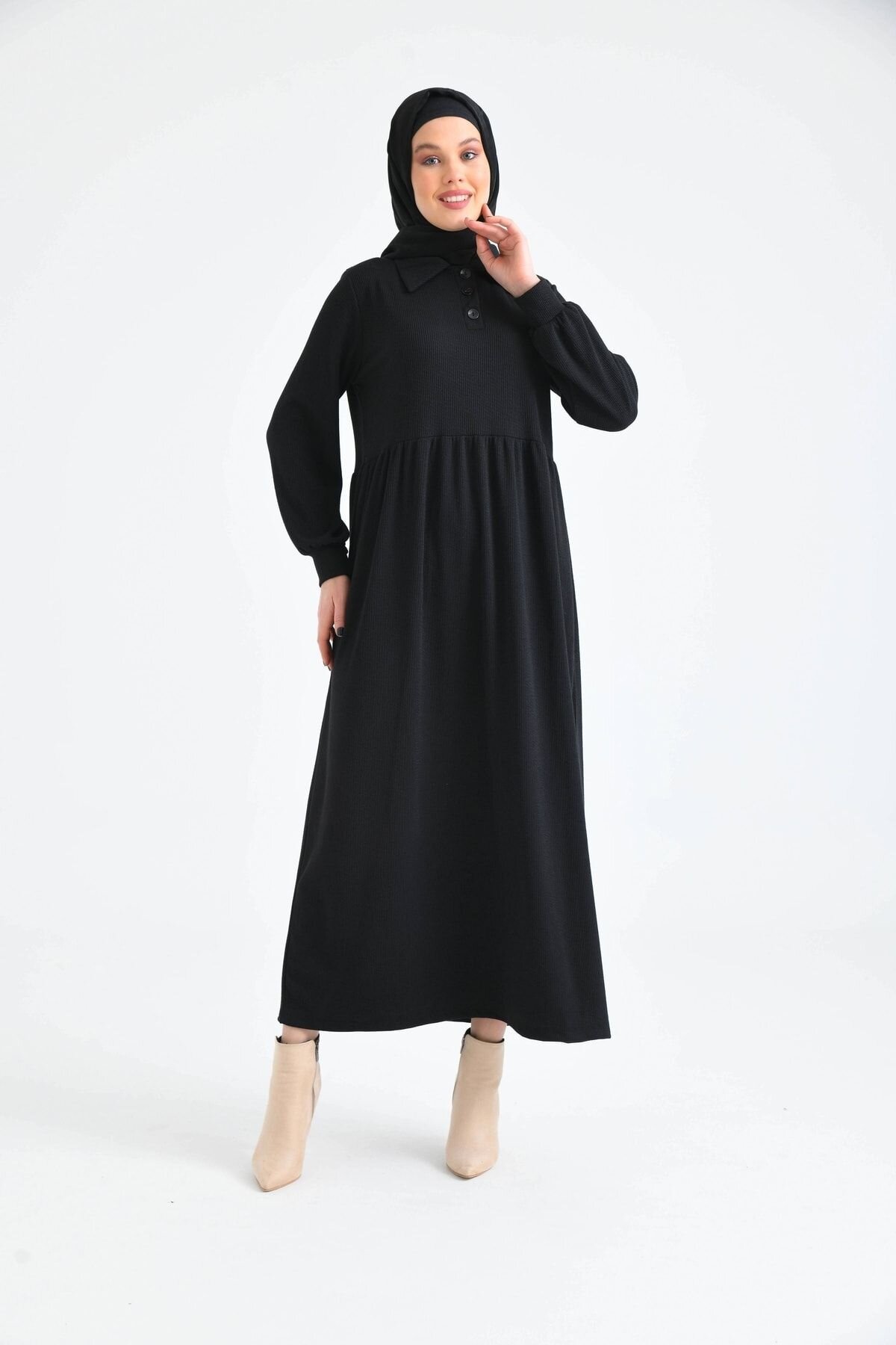 Black Buttoned Shirt Collar Balloon Sleeve Dress - VOLT CLOTHİNG