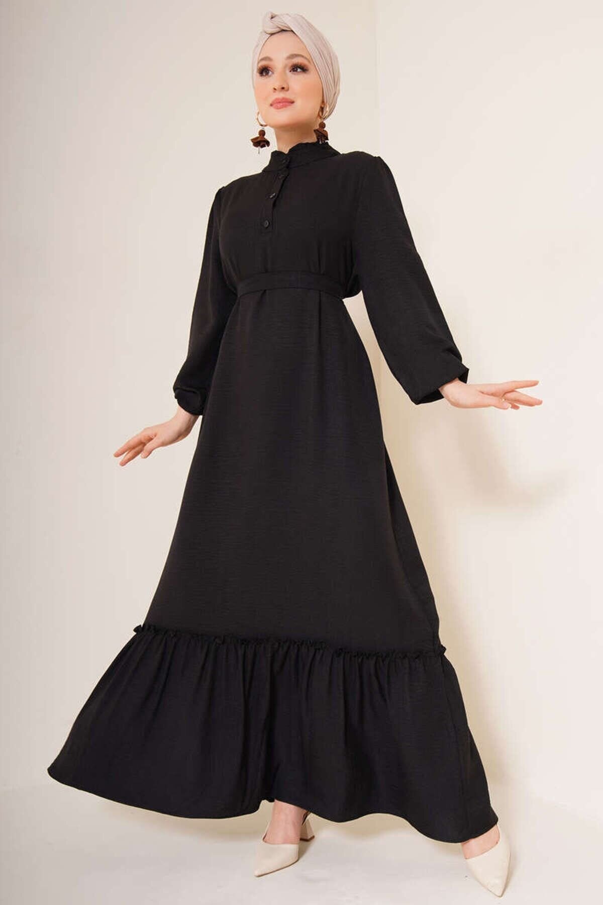 Black Ruffle Detail Button Collar Dress - VOLT CLOTHİNG