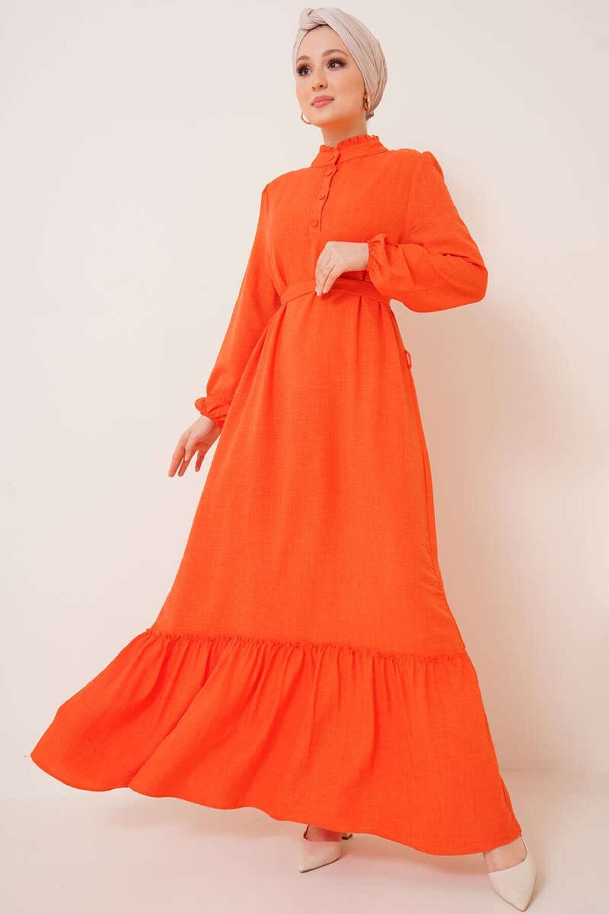 Orange Ruffle Detail Buttoned Collar Dress - VOLT CLOTHİNG