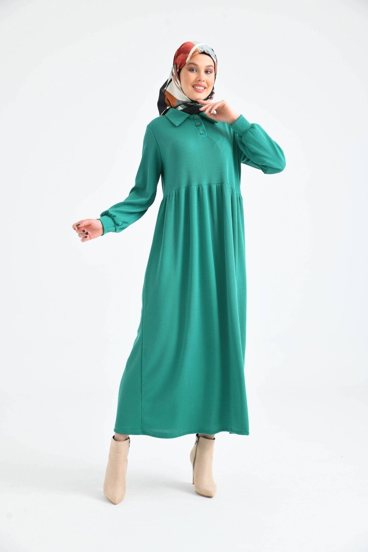 Green Buttoned Shirt Collar Balloon Sleeve Dress - VOLT CLOTHİNG