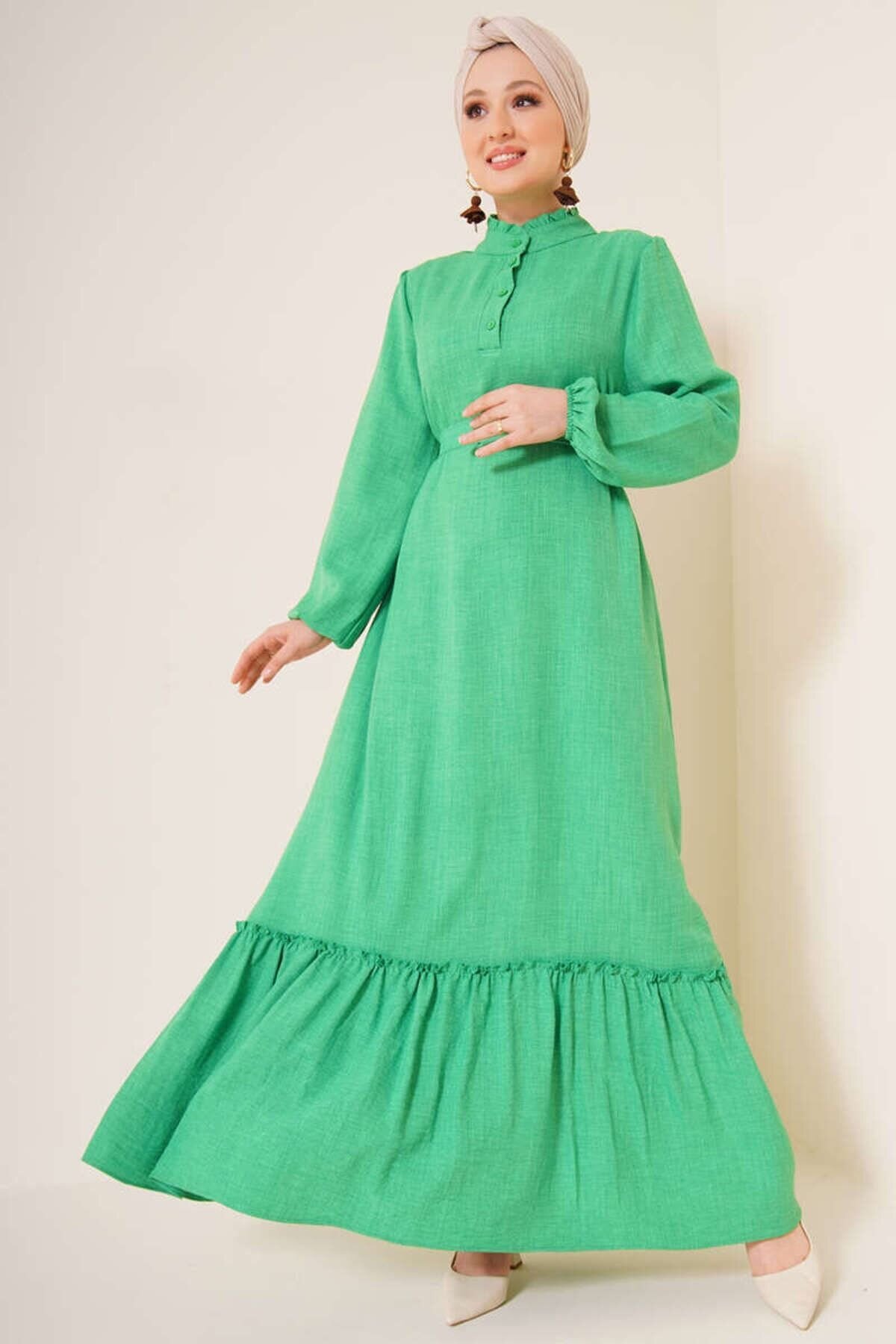 Green Ruffle Detail Buttoned Collar Dress - VOLT CLOTHİNG