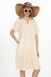 Bej Yarım Kol V Yaka Keten Midi Elbise