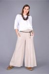 Krem İtalyan Beli Korsajlı Tokalı Kemerli Bol Paçalı Keten Pantolon