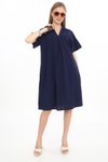 Lacivert Yarım Kol V Yaka Keten Midi Elbise