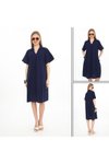 Lacivert Yarım Kol V Yaka Keten Midi Elbise