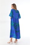 Saks Mavi Mercan Desenli Yarım Kol Boho Uzun Elbise