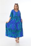 Saks Mavi Mercan Desenli Yarım Kol Boho Uzun Elbise