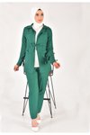 Yeşil Lina Kumaş Keten Görünümlü Beli Büzgü Detaylı Üç Parça Takım
