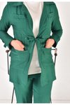 Yeşil Lina Kumaş Keten Görünümlü Beli Büzgü Detaylı Üç Parça Takım