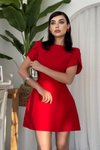 Kırmızı İç Astarlı Gizli Fermuarlı İnci Düğme Detaylı Arkası Fiyonklu Krep Kumaş Mini Elbise