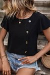 Siyah Kısa Kollu Bisiklet Yaka Yandan Düğmeli Viskon Bluz