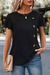 Siyah Kısa Kollu Bisiklet Yaka Yandan Düğmeli Viskon Bluz