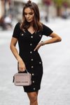 Siyah Kısa Kollu Düğmeli Cep Detay V Yaka Mini Triko Elbise