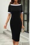 Siyah Kısa Kollu Kayık Yaka Arkadan Yakalı İthal Krep Midi Elbise