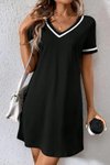Siyah Kısa Kollu V Çizgili Yakalı Viskon Mini Elbise